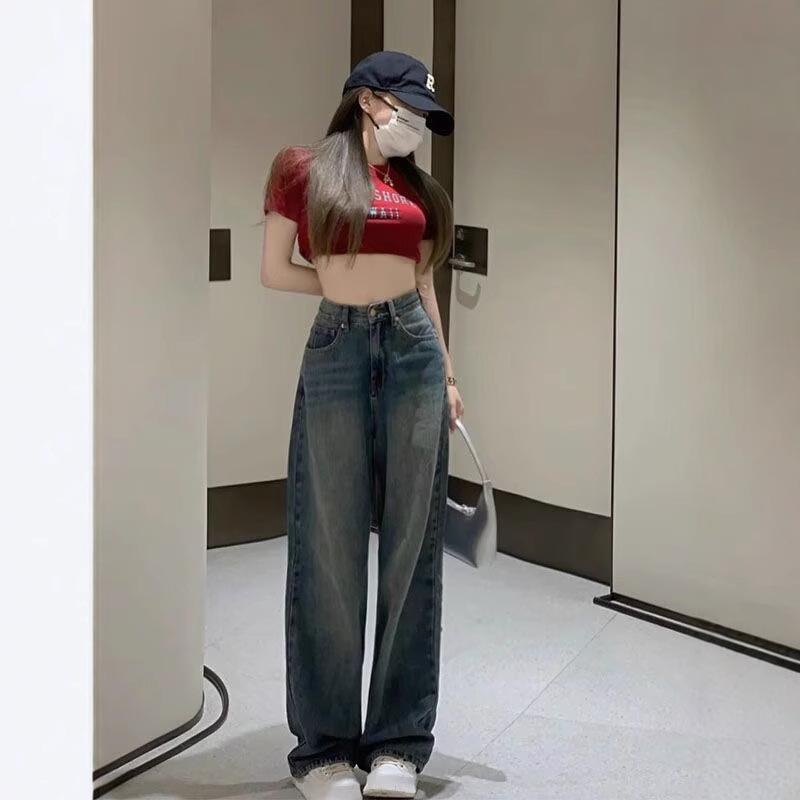 Rakuten - デニムパンツ 女性用 春夏 ハイウエスト 直筒 ワイドレッグ ロング丈 ゆったり スリムライン ブルー コットン 薄手 微弾性 水洗加工 韓国風 復古 軽量 普段使い カジュアル デイリー ストリート コーデ アイボリー