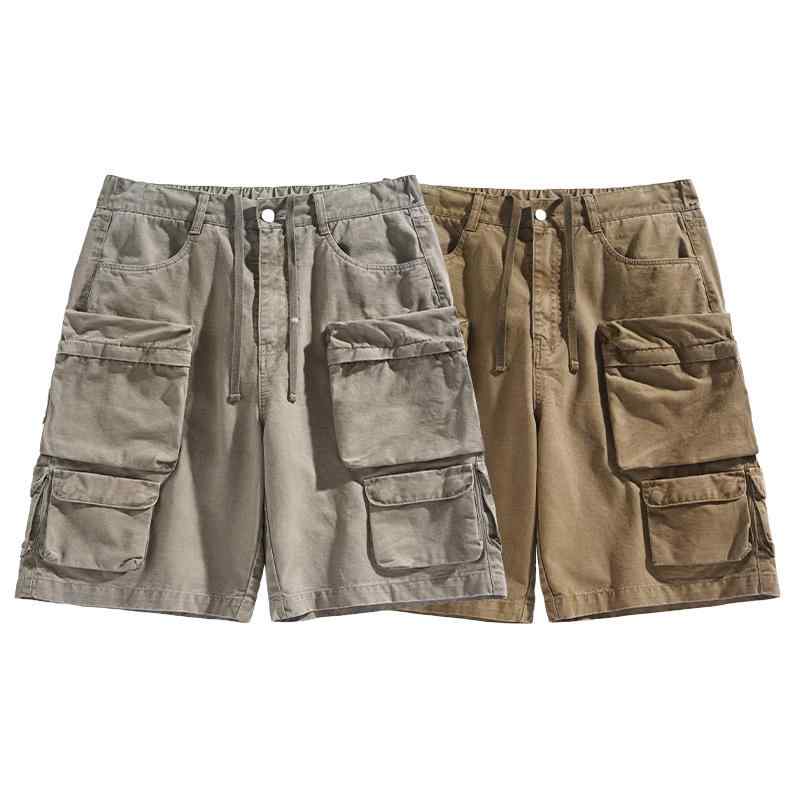 メンズ ショートパンツ 工装風 綿混紡 直筒型 多ポケット 街頭スタイル 夏用 通勤 通学 普段使い 軽量 土黄 浅灰 深灰 ブラック カジュ..