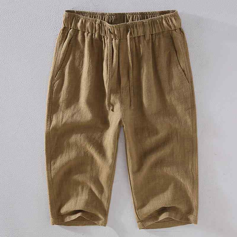 メンズ 麻 ショートパンツ 七分丈 夏用 ゆったり 直筒 透気性 快適 麻布 ミッドライズ 紐締め ベルト付き 多ポケット 純色 白色 グレー ブラック ミリタリーグリーン ベージュ キャラメル