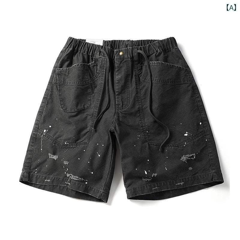 フォークBRのメンズ 工装パンツ ショートパンツ ワイドレッグ ゆったり 半分丈 ステッチ ビッグポケット ヴィンテージ 破れ加工 インク染め 直筒型 コットン ポリエステル 無弾性 ストリートスタイル 深灰 深ブラウン アーミーグリーン 夏用 通勤 普段使い カジュ｜アングル2