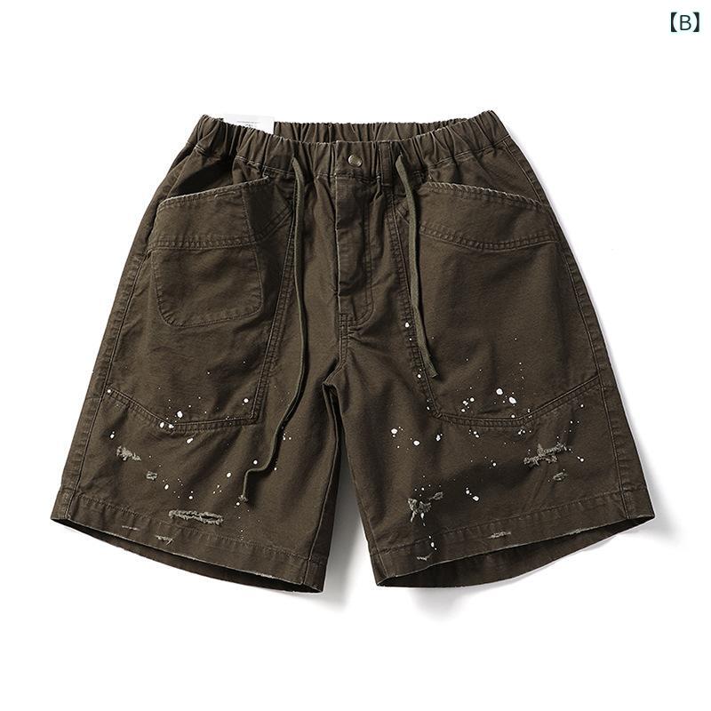 フォークBRのメンズ 工装パンツ ショートパンツ ワイドレッグ ゆったり 半分丈 ステッチ ビッグポケット ヴィンテージ 破れ加工 インク染め 直筒型 コットン ポリエステル 無弾性 ストリートスタイル 深灰 深ブラウン アーミーグリーン 夏用 通勤 普段使い カジュ｜アングル3