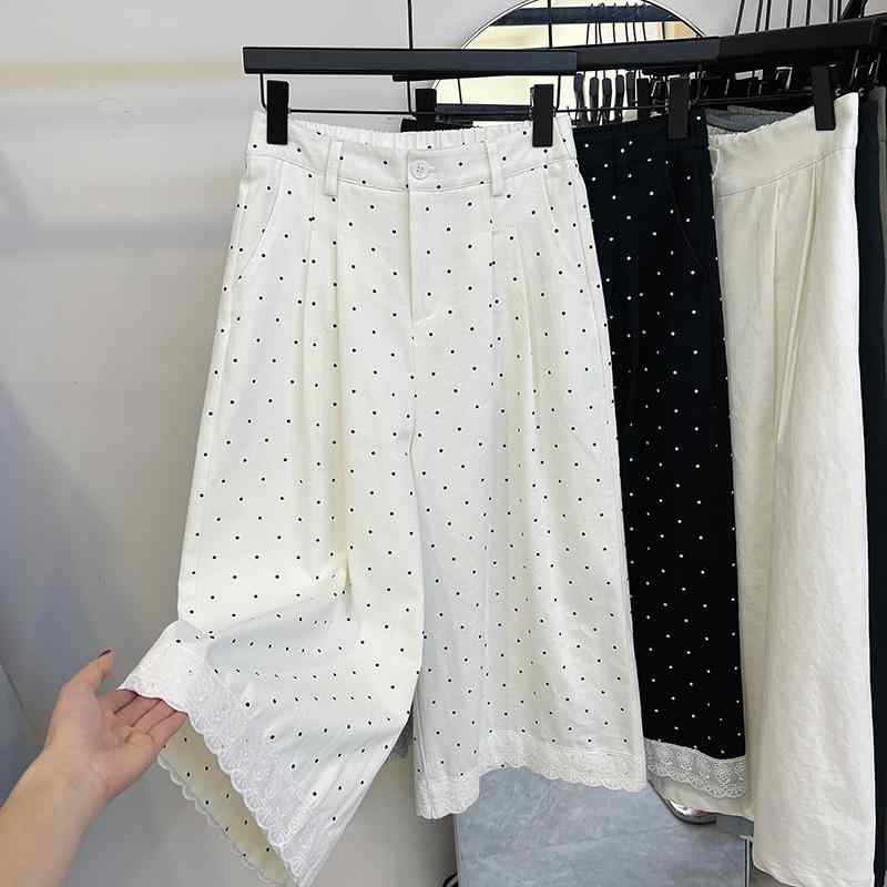 レディース ワイドパンツ クロップド丈 九分丈 直筒 韓国風 ポルカドット レース 切り替え 花柄 花辺 フレアパンツ ゆったり シルエット ガーリー クロップド レディースパンツ 白 黒 綾縮 95% 無弾性 中厚 通勤 通勤スタイル 気質 ポケット