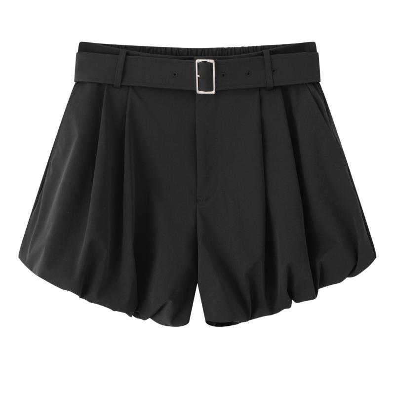 ショートパンツ 女性用 夏用 ハイウエスト 花苞デザイン 短め スカートパンツ 直筒型 三分丈 黒 単色 切り替え ポリエステル ポリエステル混紡 無弾力 日常使い 日韓カジュアル