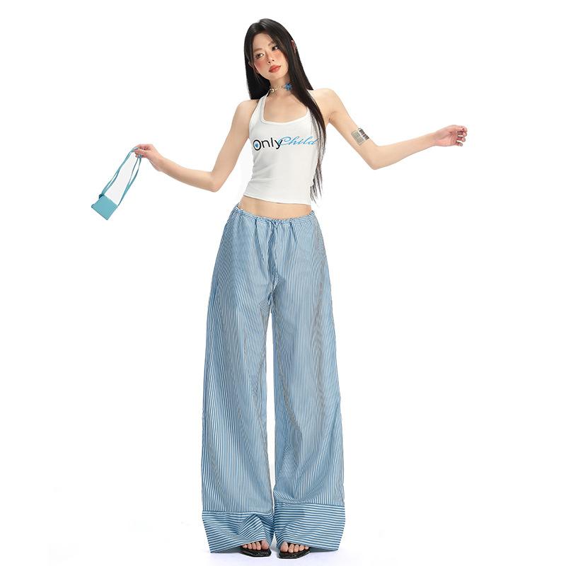 レディース 夏 ストライプ ブルー ロングパンツ 韓国風 ゆったり ドローストリング ワイドレッグ 垂れ感 低腰 薄手 ポリエステル コットン 混紡 無弾性 色織 快適 散歩用 ストリート カジュアル ゆったりスタイル 軽量 涼しい 通勤 普段使い