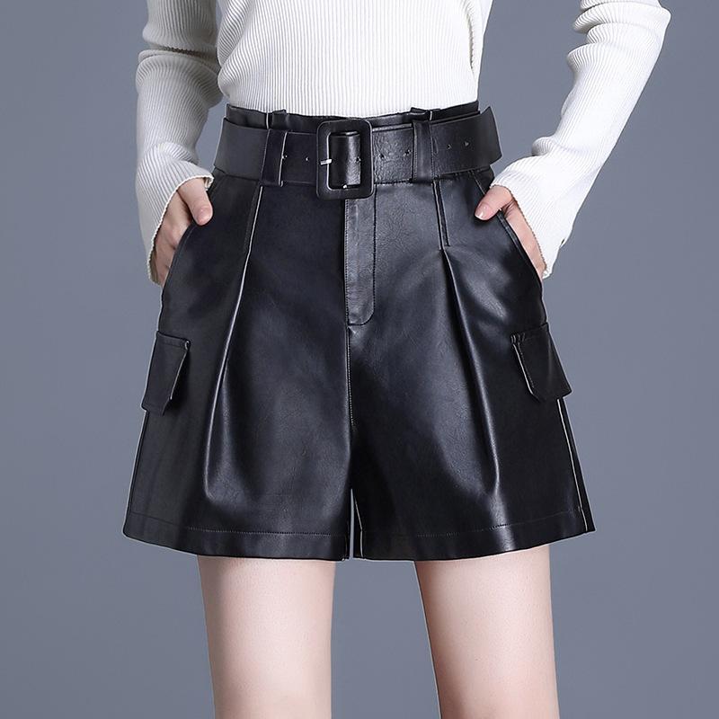 レディース 秋冬 ワイドパンツ ショートパンツ 皮 デニム風 ポリエステル 再生繊維 中厚 ハイウエスト Aライン ビッグシルエット ゆったり スリム効果 ミドル丈 ポケット 切り替え 微弾性 通勤 普段使い 気質 カジュアル ブラック