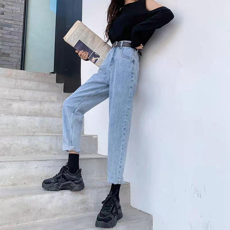 レディース デニムパンツ 春夏 韓国風 ワイド 学生向け ストレート ハイウエスト スリム ハーレム クロップド ミッドライズ コットン ポリエステル ミディアム厚 ヴィンテージ加工 ブルー ブラック 微弾性 快適カジュアル 復古スタイル ノーアイロン