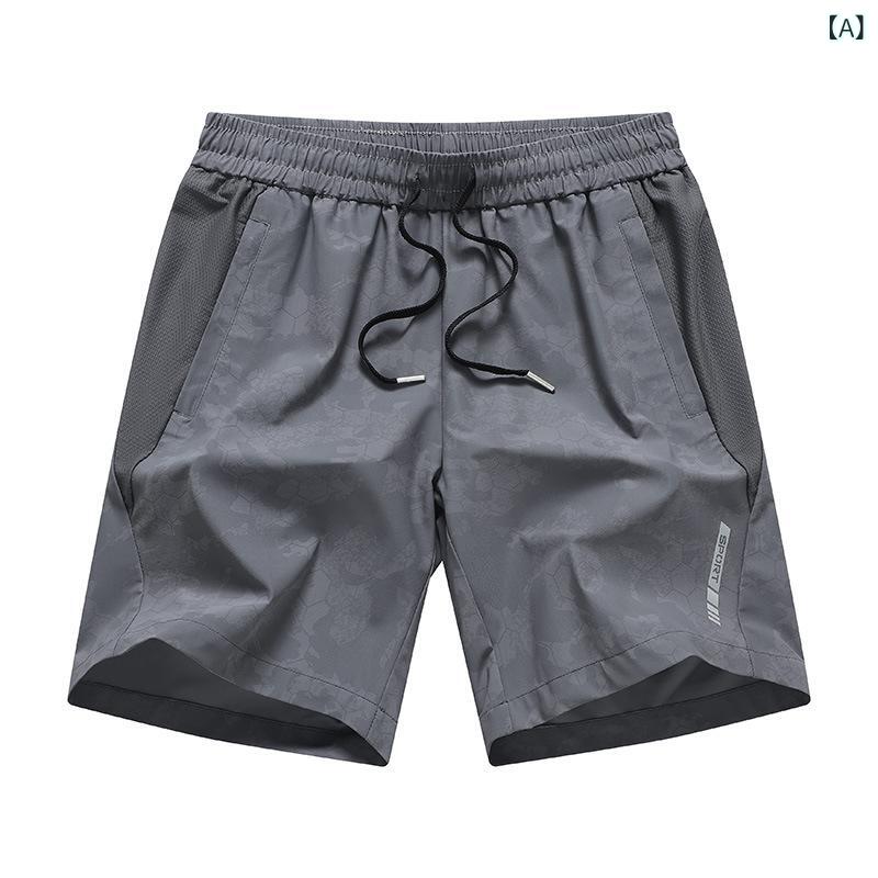 フォークBRのメンズ ショートパンツ 夏用 接触冷感 速乾 ポリエステル 超薄 軽量 ゆったり ワイド ビッグサイズ 膝上丈 ストレート 迷彩柄 スポーツ ランニング ジム トレーニング グレー ネイビー ブラック ライトブルー デニムブルー ミッドウェスト 伸縮性｜アングル2