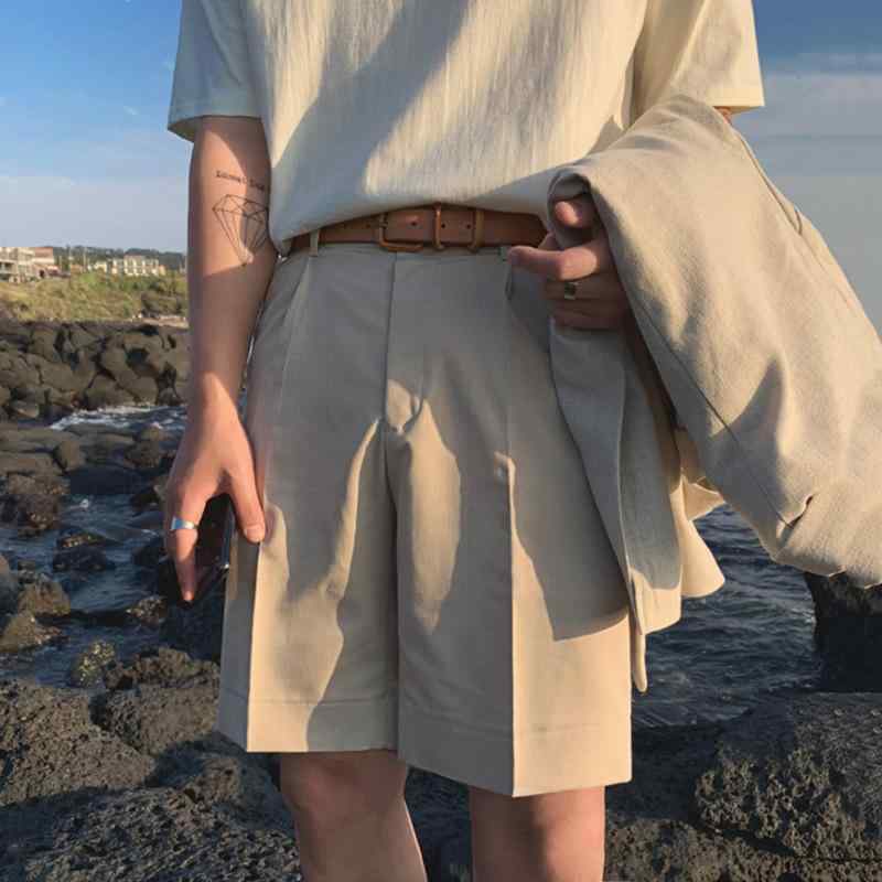 Pants - メンズ 夏用 短パン 西装パンツ 韓国風 ワイドレッグ ハンギング ミッドレングス ミッドライズ ボタン開襟 普通厚 無地 ポリエステル混紡 イージーケア マイクロストレッチ 直筒裾 明線仕上げ カジュアル デイリー ブラック ベージュ ティーン向け ゆ