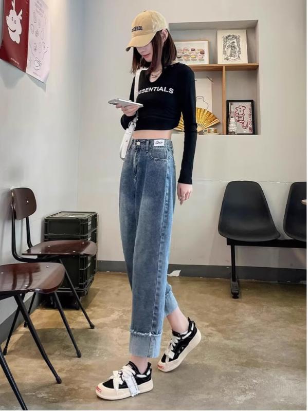 デニムパンツ 女性用 直筒型 高腰 显瘦 コットン素材 薄手 マイクロストレッチ 巻き上げ 春夏 通勤スタイル カジュアル ライトブルー ..