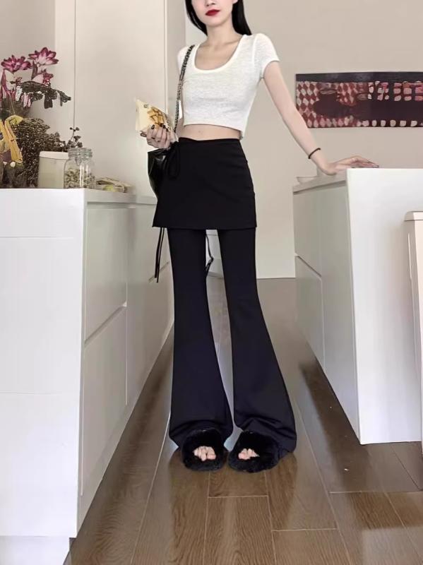 Rakuten - レディース 春夏 マイクロフレアパンツ 黒 高腰 フェイクツーピース スリム ドレープ ストレッチ ポリエステル コットン 風 直筒型 長丈 ゆったり 普段使い カジュアル 軽量 通勤 韓国風 デイリー 快適 吸湿速乾 ブラック サイドスリット ワイドレ