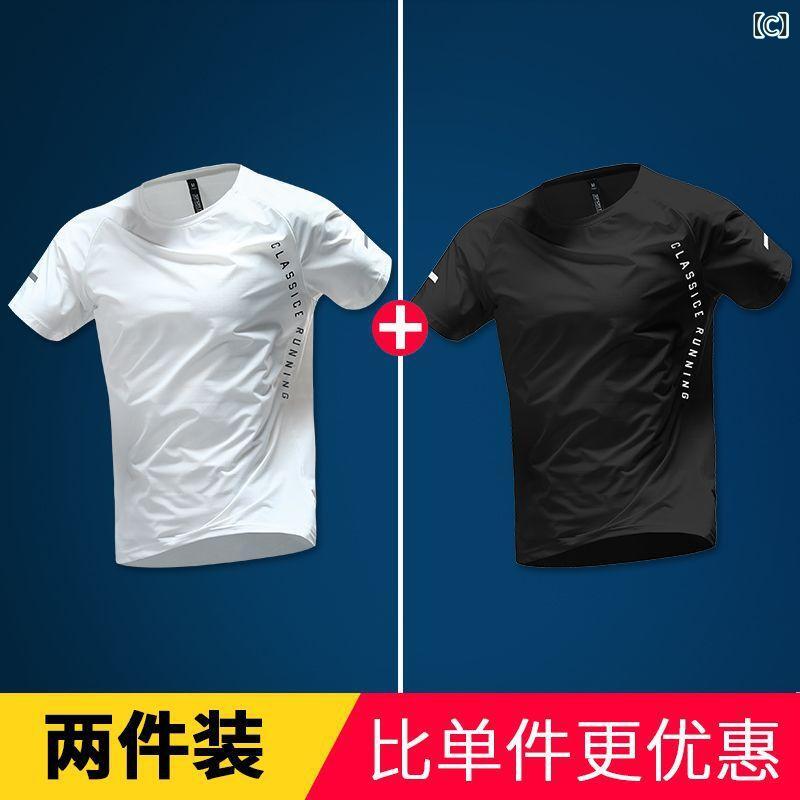 メンズTシャツ 速乾 透気 短袖 薄型 夏用 ランニング トップス 男性用 青少年向け 韓国風 丸首 ゆったりシルエット ストライプ柄 ポリエステル 接触冷感 日常使い 軽量 白 黒 3