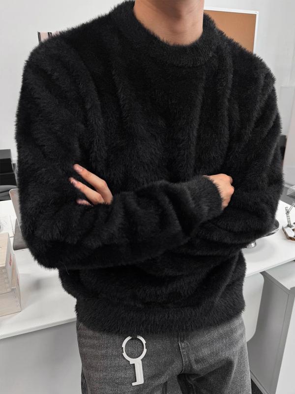 乐天商城 - セーター メンズ レディース 秋冬 ユニセックス 韓風 ゆったり ニット トップス インナー 丸首 単色 偽毛皮 ふわふわ 長袖 混紡素材 ポリエステル コットン ミックス ゆったりシルエット スリム効果 日常使い 洗濯機洗い ノンアイロン 暖か 厚手