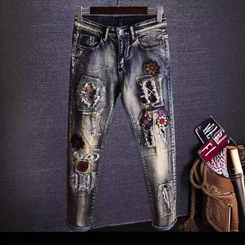 Other - メンズ デニムパンツ ジーンズ 男性用 スリムフィット ストレッチ 破れ加工 刺繍 デザイン ポケット 装飾 中腰 九分丈 水洗加工 綿素材 微弾力 小脚 シルエット 日常 普段使い 青少年 カジュアル スタイル ブラック 図色 通年