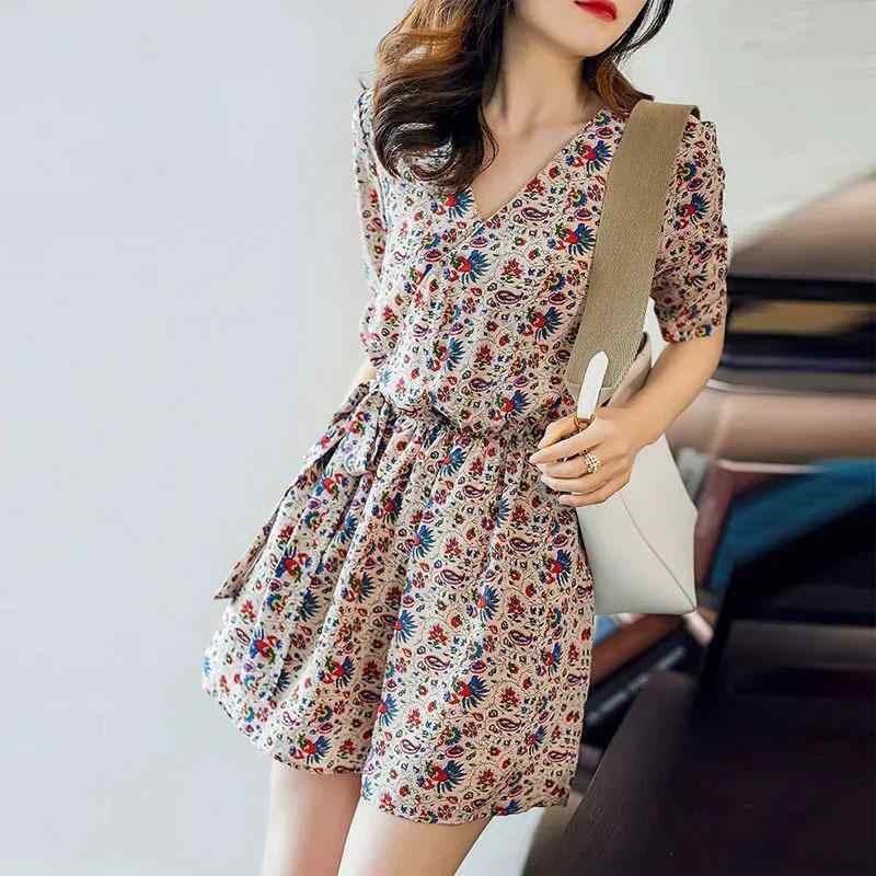レディース ワンピース ショートパンツ ロンパース 春夏 薄手 ハイウエスト 大人ガール 気質 通勤 普段使い 花柄 涤纶 ポリエステル フィット スリム スタイリッシュ ファッション クロップド レギュラー ロング シルエット 軽量 涼しい 夏服 女性