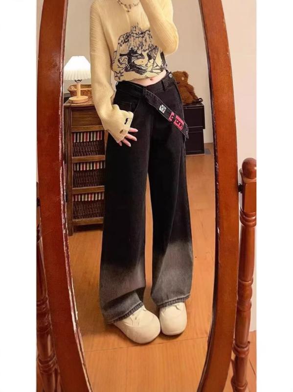 パンツ 女性用 春夏 牛仔 デニム 高腰 直筒 ワイドレッグ ロング丈 サイドジップ グラデーション ブラック ミッドウェイト 微弾性 快適 休闲 復古 綿混 ストレッチ 普段使い 通勤 通学 脚長効果 ゆったりシルエット