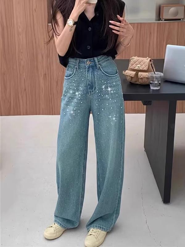 牛仔パンツ 女性用 高腰 直筒 夏 薄手 綿 微弾性 通勤 気質 ブルー 切り替え キラキラ装飾 ロング丈 ワイドレッグ スリムライン デニム 日常使い 伸縮性 軽量 ハイウエスト ミディアムブルー クロップド フレア コットン素材 ビジネスカジュアル