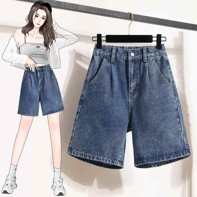レディース 牛仔パンツ デニム ショートパンツ 膝上丈 高腰 ゆったり ストレート マイクロストレッチ ポリエステル混 軽量 夏用 ビーチ キャミソール 普段使い ブラック ブルー 洗い加工