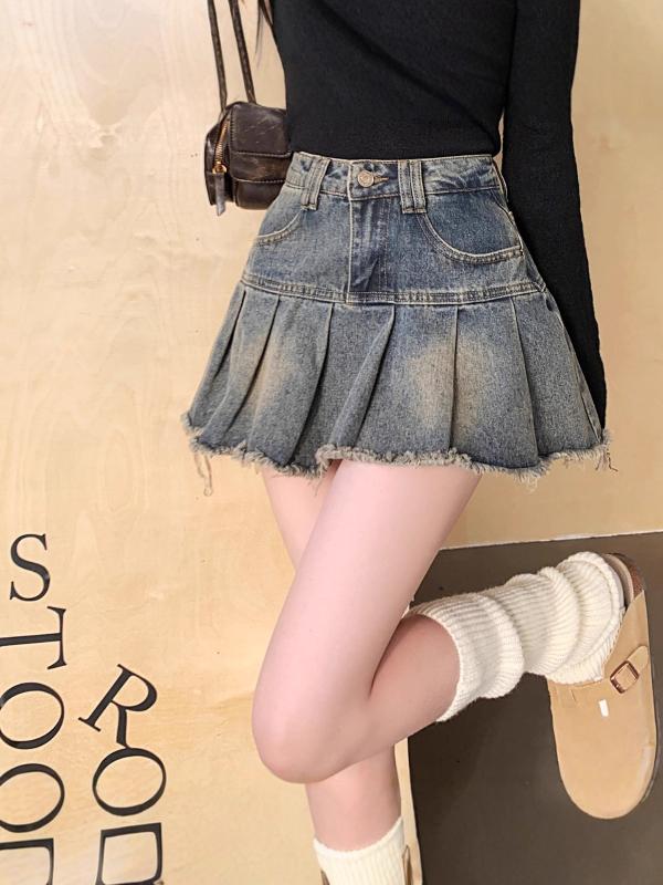 スカートパンツ 女性用 春夏 デニム スカート 牛仔布 綿 ポリエステル ハイウエスト 直筒 膝上丈 ブルー 単色 韓国風 復古 百褶 減齢 直筒シルエット 軽量 薄手 ゆったり 普段使い ストリート カジュアル デイリー レギュラー フィット 動きやす