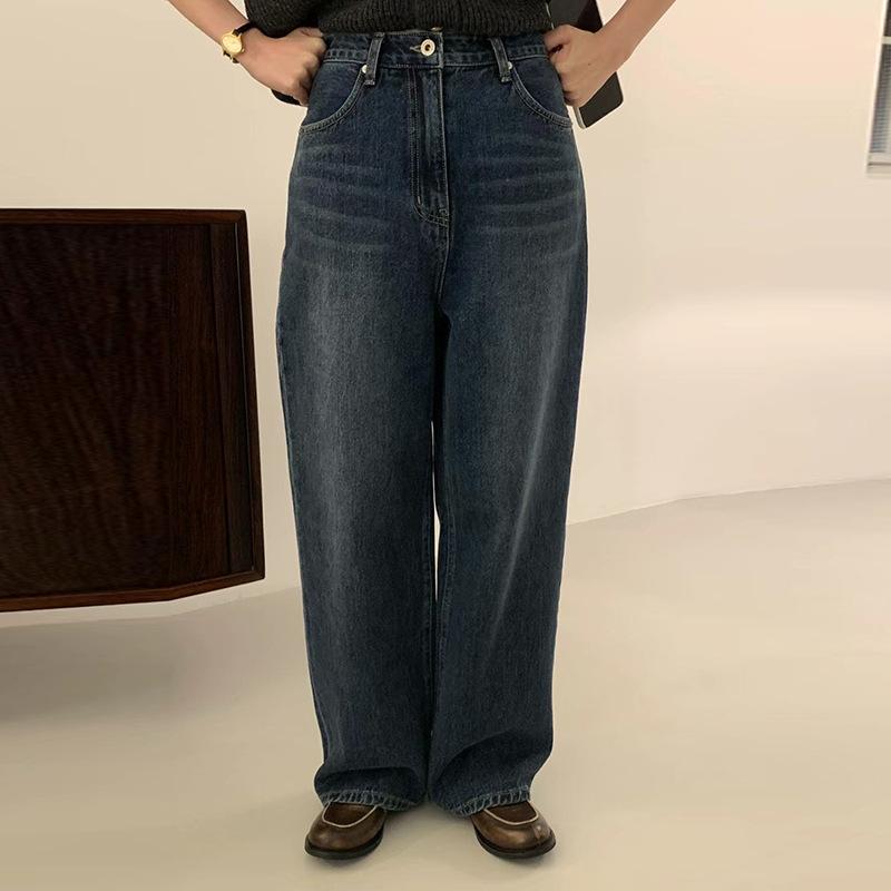 デニムパンツ レディース 直筒 牛仔 韓国風 シンプル クラシック 通勤 普段使い ハイウエスト ワイドシルエット 綿 微弾性 深紺 春夏 ..