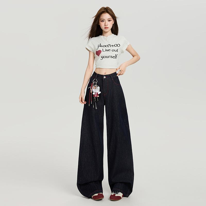 레이디스 쇠고기 팬츠 데님 긴 바지 와이드 레그 하이 웨스트 직통 레드 스티치 디자인 포켓 첨부 중후면 소재 세탁 가공 춘계 평상시 사용 통근 사복 스타일 클래식 귀여운