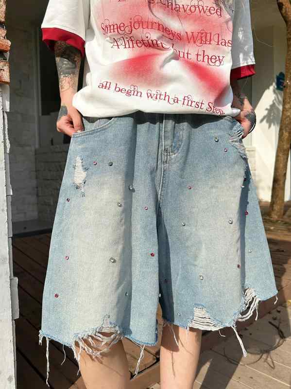 Other - メンズ デニム ショーツ 牛仔短裤 女性用 男性用 夏用 スポーツパンツ 五分丈 ハーフパンツ ゆったり ワイドシルエット 低腰 ジッパー ブルー ポリエステル 微弾性 直筒 破れ加工 フリンジ ヴィンテージ ストリート ファッション カジュアル 日常使