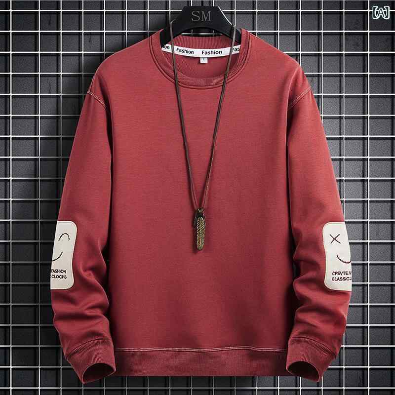 メンズ 長袖 Tシャツ トップス 丸首 綿 刺繍 合体型 省ポケット 春秋 秋冬 赤レンガ色 ブラック グレー 日常 普段使い 休闲 カジュアル 吸湿速乾 伸縮性 軽量 合体 フィット トレンド 百搭 レイヤード ベーシック コットン スウェットシャツ
