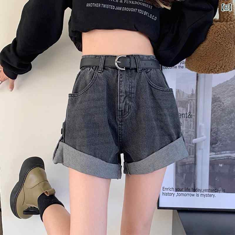 デニム ショートパンツ レディース 夏 大きいサイズ 女性用 高腰 ワイドレッグ フレア 膝上丈 ゆったり 通勤風 気質 綿混 デニム生地 ミディアム厚 ジッパー ストレート ワイドシルエット クラシックブルー ブラックグレー 水洗加工 軽量 遮る スリ 3