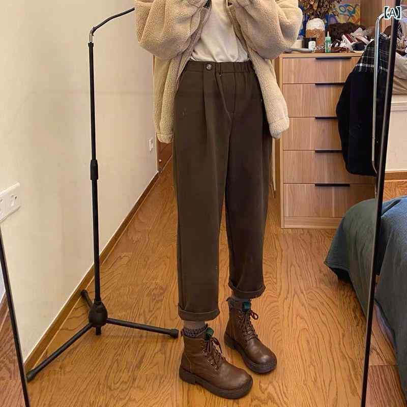 レディース 秋冬 ウール ワイドパンツ ハーレムパンツ 九分丈 厚手 暖か ゆったり スリムライン 百搭 コートパンツ ブラウン ブラック グレー 私服 韓国スタイル 私服名媛 御姐風 ゆったりシルエット 暖か素材 コージー 暖房対応 暖かボトムス 秋冬
