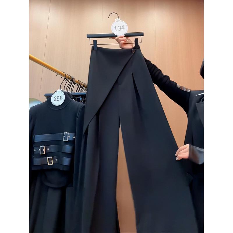 レディース 秋冬 高腰 直筒パンツ ポリエステル 気質 通勤 普段使い 都市風 ブラック 切り替え デザイン 軽量 伸縮性 吸湿速乾 ビッグシルエット ハイウエスト ロング丈 女性用 トップス 合わせ ビジネス カジュアル スタイル