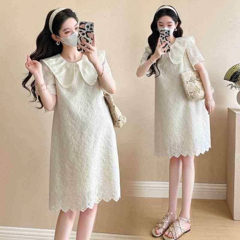 ワンピース レディース 妊婦 マタニティ 夏服 付け襟 レース 刺繍 膝丈 ミディアム...