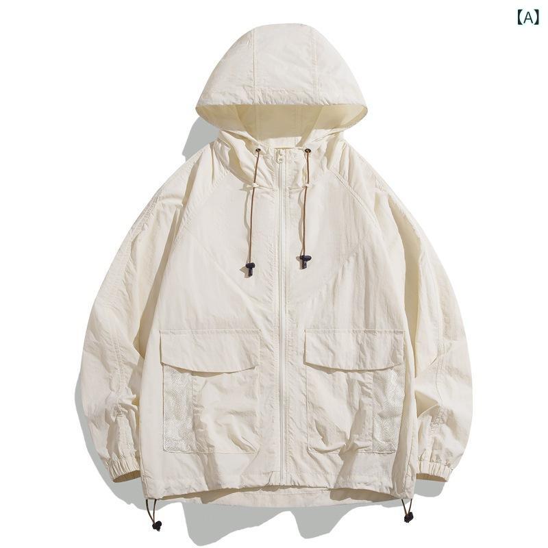 メンズ レディース 防紫外線 ジャケット セット 夏用 薄手 フード付き 長袖 ショートパンツ ナイロン100% 軽量 通気性 吸湿速乾 韓国風 ビンテージ ストリートファッション カジュアル 米白 紫 グレー ピンク ブラック ベージュ 色違い ゆった