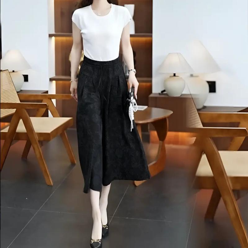 レディース ワイドレッグパンツ 七分丈 高腰 スカートパンツ 接触冷感 薄手 夏 春夏 切り替え プリント 国風 ブラック モカ 杏色 軽量 ..