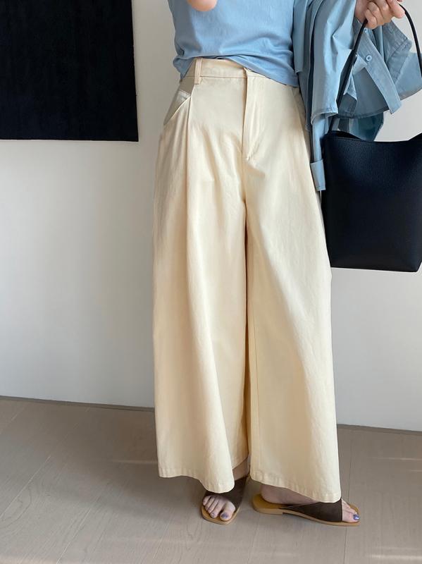 レディース ワイドパンツ ハイウエスト 直筒 長ズボン コットン 95% 中厚 無弾性 韓系 快適 休闲 春夏 通勤 普段使い かわいい 黄色 紺..