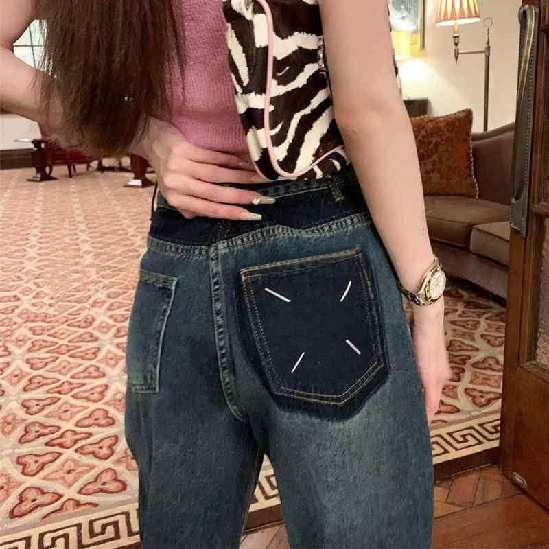 ワイドパンツ 女性用 コットン デニム 素材 高腰 ストレート ロング丈 切り替え ポケット ビンテージ ブルー 気質 通勤 スタイル ゆったり シルエット 洗い加工 ボタン ディテール 無弾性 クロップド レッグ 形状 クラシック デザイン 軽量 履き