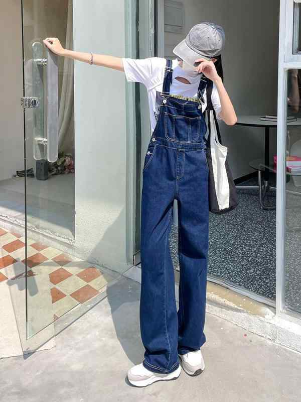 樂天商城 - サロペット 女性用 春夏 高腰 スリムフィット ヤング 韓国風 ルーズ ストレート ワイドレッグ デニム 吊帯パンツ 綿 ポリエステル 薄手 ポケット ディープブルー 都市 通勤 スタイル