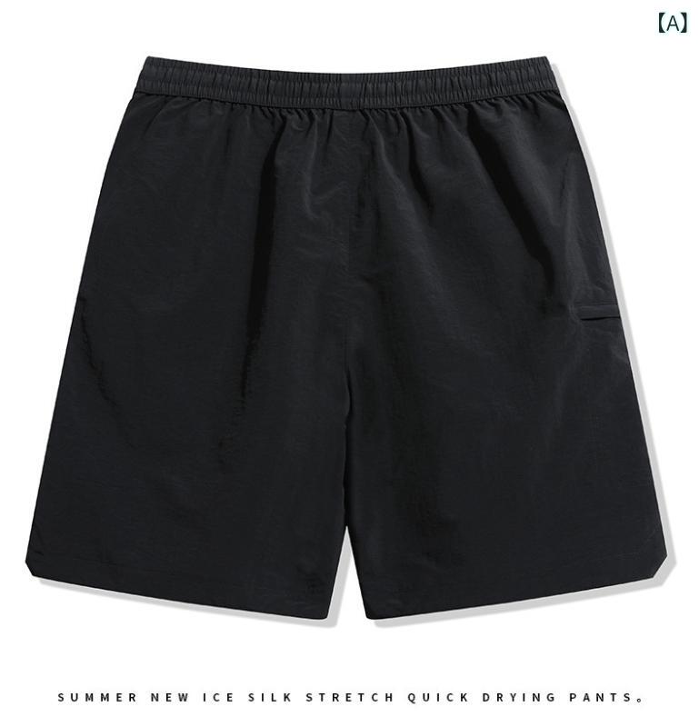 Pants - メンズ ショーツ 夏用 速乾 接触冷感 薄手 ニット 直筒 ゆったり フィット 運動 休日 ビーチ ウェア ブラック グレー ブルー グリーン カーキ