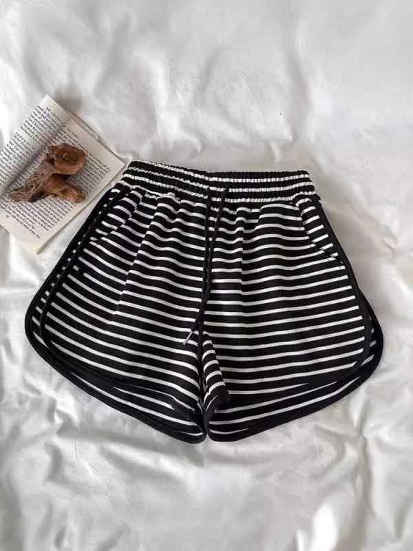 レディース ショートパンツ 韓国風 高腰 学生 スポーツ ハーフパンツ ワイドレッグ 夏用 スリム ホットパンツ 松腰 薄手 ストライプ 気質 通勤 快適 軽量 微弾力 綿ポリエステル ポリウレタン ハイウエスト ビッグシルエット 杏色 ブラック