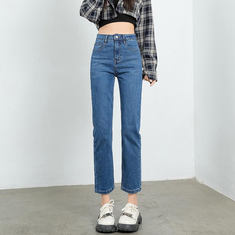 レディース 牛仔パンツ 直筒 ハイウエスト 伸縮性 綿 ポリエステル 中厚 毛縁 八分丈 九分丈 ロング丈 軽量 スッキリシルエット 通勤 ..
