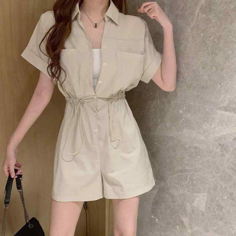 レディース ビンテージ 切り替え ジャンプスーツ 夏 春夏 接触冷感 素材 杏色 無地 短袖 シャツ デザイン ワイドレッグ ショートパンツ 無弾性 私服 スタイル ゆったり シルエット ミディ丈 クロップド レングス 不対称 ディテール 軽量 快適 履