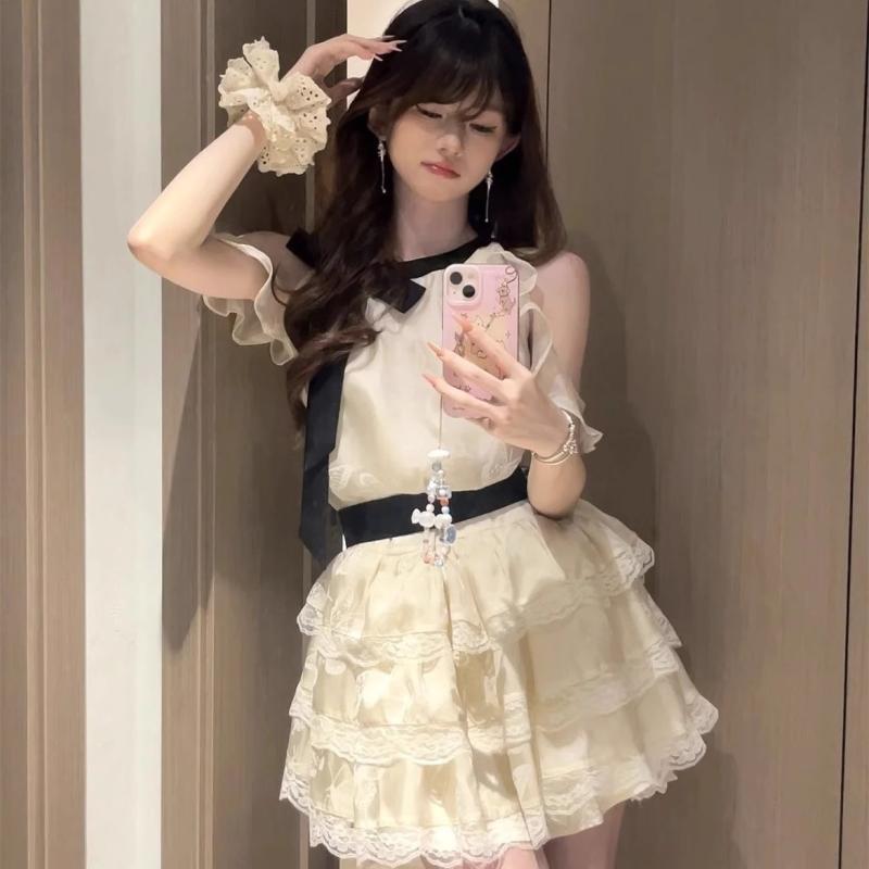 ワンピース レディース 春夏 かわいい プリンセス デザイン ミドル丈 フレアスカート 落肩袖 短袖 レース加工 接触冷感 ポリエステル ..