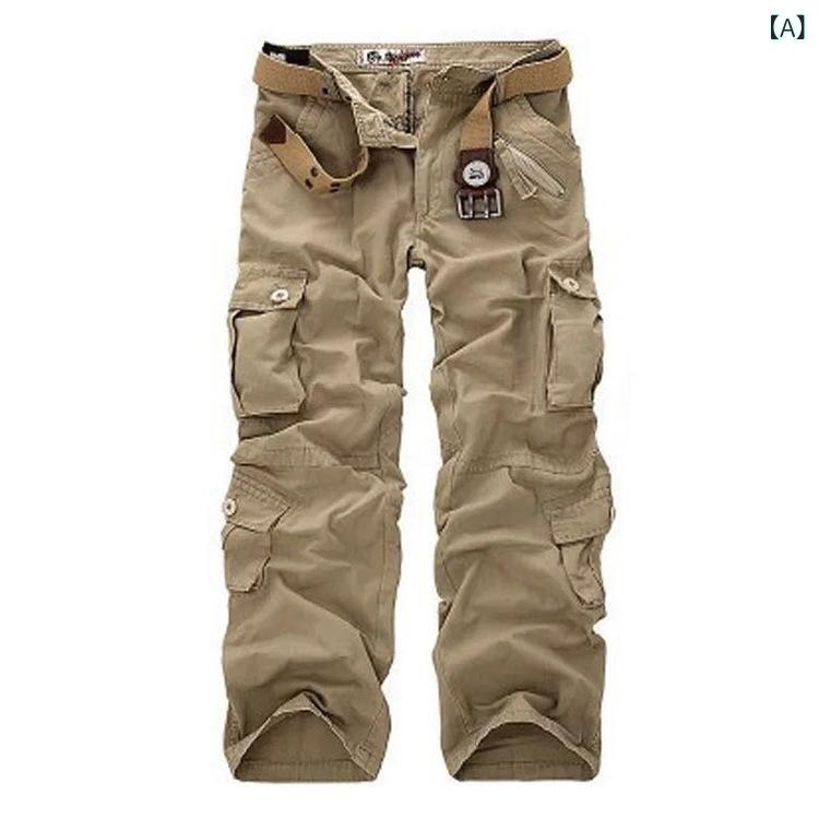 乐天商城 - メンズ 工装パンツ 直筒 長ズボン コットン 100% 耐磨 抗菌 免烫 多ポケット ミッドライズ ジップフライ 無伸縮 純色 卡其 グレー ブラック 土色 グリーン 通勤 普段使い アウトドア 青年向け