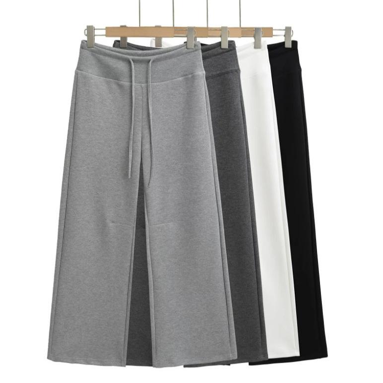レディース 韓国風 ワイドパンツ 直筒 クロップドパンツ ロング丈 高腰 スリム効果 スタイルアップ ドローストリング 綿混 ストレッチ ..