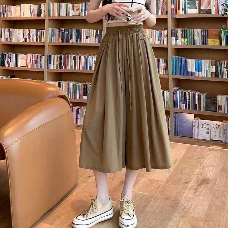 レディース 七分 ワイドパンツ 接触冷感 薄手 高腰 ハンサム ゆったり スカートパンツ ポケット 付き 都市スタイル 通勤 普段使い ポリエステル 素材 無弾性 気質 デザイン モカ ブラック カーキ ワインレッド グレー