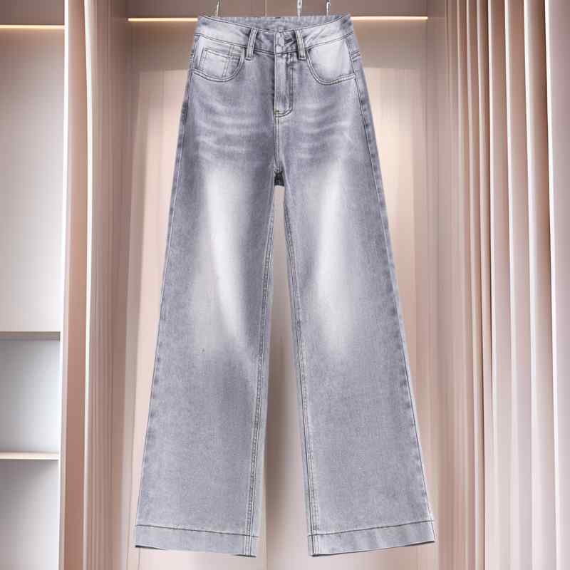 レディース 牛仔パンツ デニム ワイドレッグ クロップド 高腰 直筒 夏 春夏 ミッドライズ ミディアム厚 ポケット 口袋付き 微弾性 ポリエステル 粘着繊維 混合素材 免烫加工 ブルー ライトブルー 濃紺 快適 伸縮性 吸湿速乾 軽量 通勤 普段使い