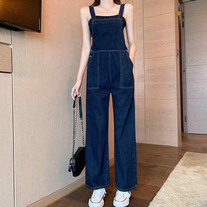 ・カテゴリ: 牛仔パンツ・スタイル: 都市風・主な素材: 牛仔布・主面料成分: 牛仔布・主面料成分2: 牛仔布/綿・主面料成分含量: 50%（含）-70%（不含）・主面料成分2含量: 80%（含）-90%（不含）・デザイン: 阔腿パンツ|背带パンツ・パンツ丈: ロング・腰位置: 高腰・厚み: 通常・流行要素: 背带・カラー展開: 深藍色、黒色・サイズ展開: S、M、L、XL、2XL・気質: 通勤・ストレッチ: 無