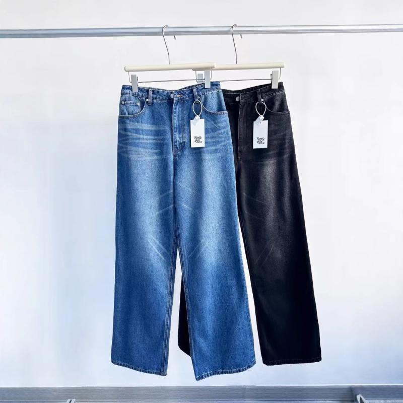 Toilet Articles - レディース ジーンズ 牛仔パンツ デニムパンツ 直筒 ワイドレッグ ハイウエスト ゆったりシルエット 綿素材 微弾性 接触冷感 印花柄 洗い加工 秋冬 秋物 普段使い 通勤 通学 韓国風 カジュアル デイリー 軽量 快適 伸縮性 吸湿速乾 ブルー ブラッ