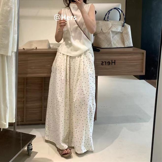 レディース ワイドパンツ クロップドパンツ 春夏 秋 接触冷感 腈纶 再生繊維 高腰 ストレート ロング丈 ポルカドット プリント 薄手 軽量 吸湿速乾 杏色 ベージュ ピンク系 アイボリー シンプル 韓国風 日韓 カジュアル 普段使い 通勤 通学 アウ