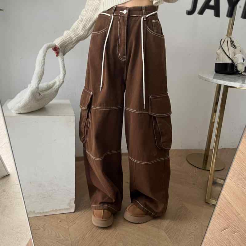 レディース ワイドパンツ ストレートパンツ ハイウエスト 工装パンツ 長ズボン 韓国風 秋冬 ミドル厚 ポリエステル 無弾性 ベージュ ブラック 快適 普段使い カジュアル ゆったり 直筒 クロップド ミリタリー シンプル デイリー ストレッチなし 韓国