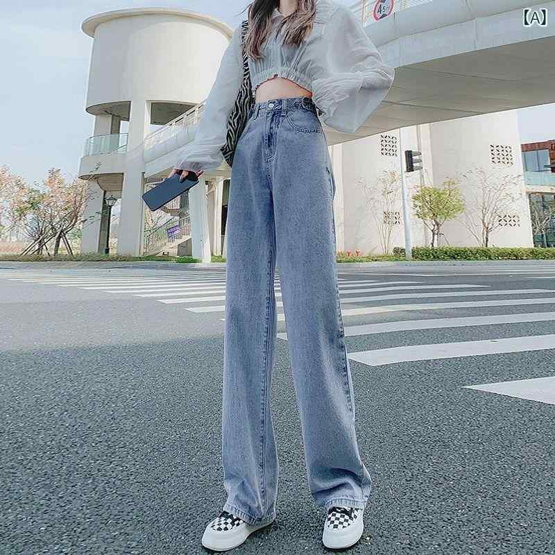 樂天商城 - デニムパンツ 女性用 春夏 高腰 直筒 阔腿 長ズボン 軽量 綿素材 50% 以上 伸縮性 吸湿速乾 普段使い 通勤用 学生向け 韓国風 シンプル カジュアル ゆったり シルエット 脚長効果 ブラック グレー ライトブルー ヴィンテージブルー ハイウエス