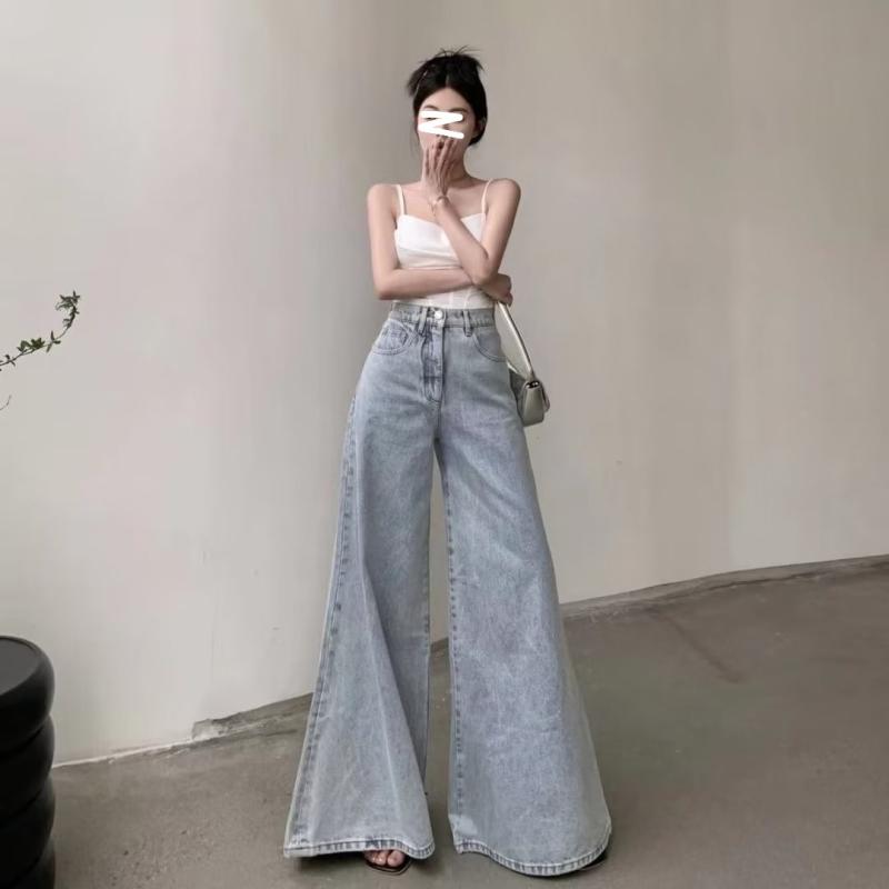 ワイドパンツ 女性用 夏用 ライトブルー デニム コットン ストレッチ 高腰 ロング丈 ゆったりシルエット ミディアム厚 洗い加工 直筒 軽やか 爽やか スタイル 微弾力 ノンアイロン 加工 キャンパス風 甘め 清新